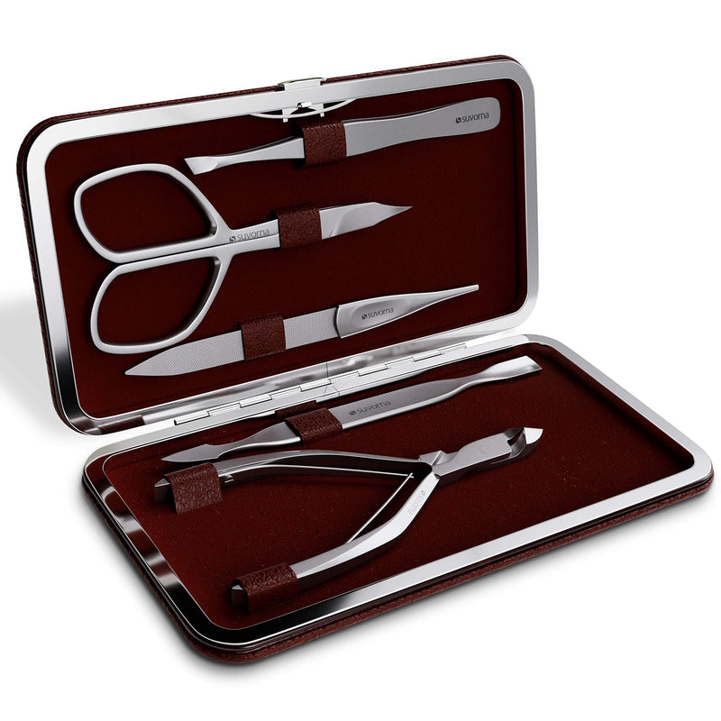 Suvorna Manipro p50 Premium 5 Pcs Manicure Kit Case In Sand Finished Stainless Steel, (Cuticle Nipper, Nail Scissor, Cuticle Pusher, Tweezers & Nail Filer). Perfect little Gift set. Ox Blood - BeesActive Australia