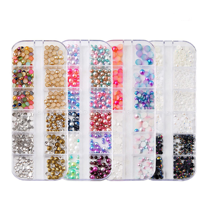 4 Boxes Nail Jewelry Pearls Nail Rhinestones Flat Back AB Diamonds Round Beads Mix Glass Charms Gems Stones For 3D Nails Art Decorations - BeesActive Australia