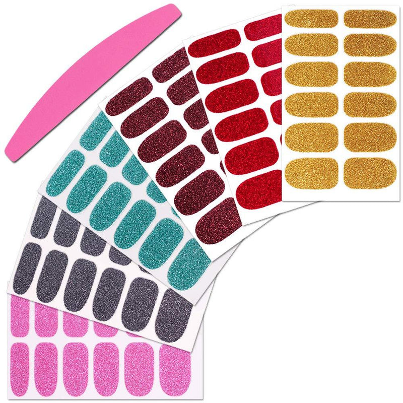 SILPECWEE 6 Sheet Glitter Nail Polish Wraps Stickers Strips Solid Color Adhesive Nail Art Decals Design Manicure Kit and 1Pc Nail File - BeesActive Australia