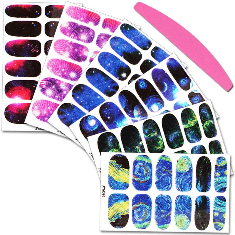 SILPECWEE 6 Sheets Adhesive Nail Art Polish Stickers Tips Starry Aurora Nail Wraps Decals Strips Set Manicure Decoration And 1Pc Nail File - BeesActive Australia