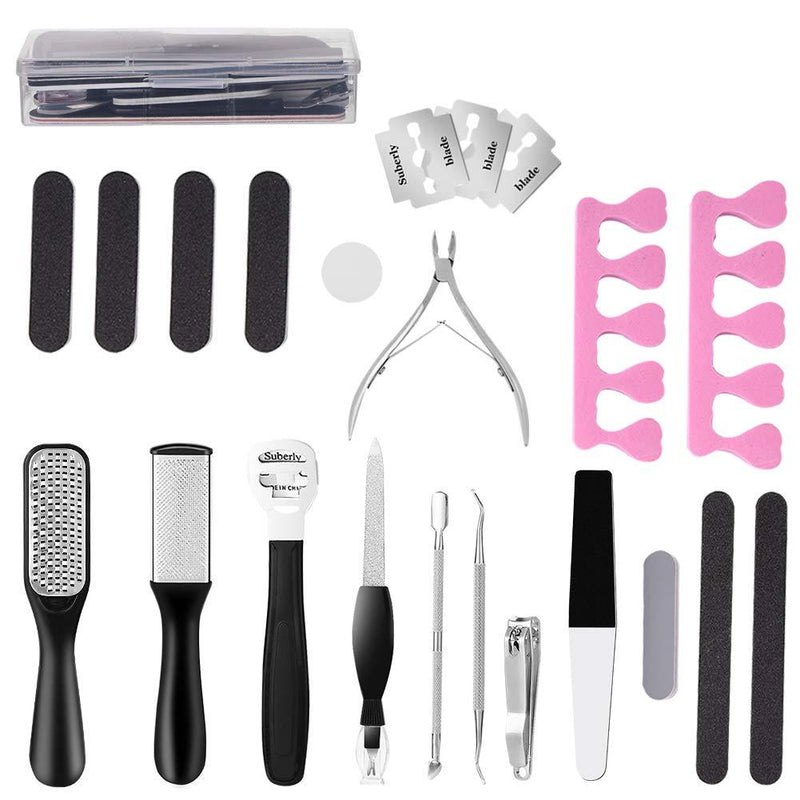 COYZOR Pedicure Kit Set 20 in 1, Professional Foot Scrubber Pedicure Tools Set, Foot Care Kit Stainless Steel Foot Rasp Dead Skin Remover Pedicure Kit for Men Women Salon Home Heel Scraper (Black) Black - BeesActive Australia