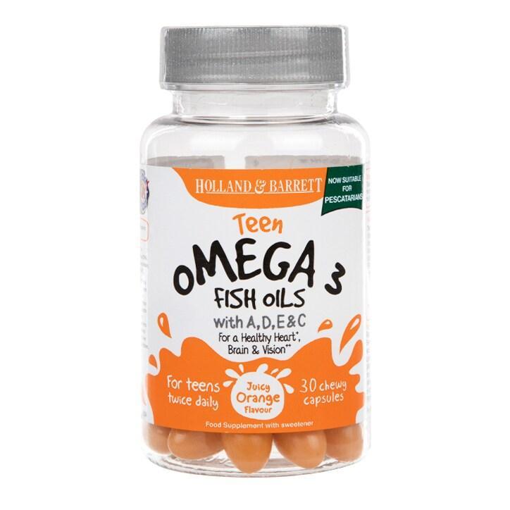 Holland & Barrett Teen Omega 3 Fish Oils with A,D,E & C Juicy Orange Flavour 30 Chewy Capsules - BeesActive Australia
