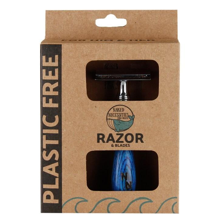 Naked Necessities Blue Wood Razor + 6 blades - BeesActive Australia