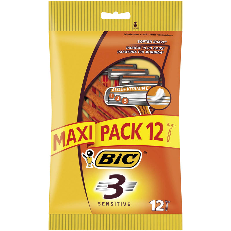 BIC 3 Sensitive, Men's Triple-Blade Sensitive Razors, Fixed Head for a Soft Shave, Pack of 12 Disposable Razors - BeesActive Australia