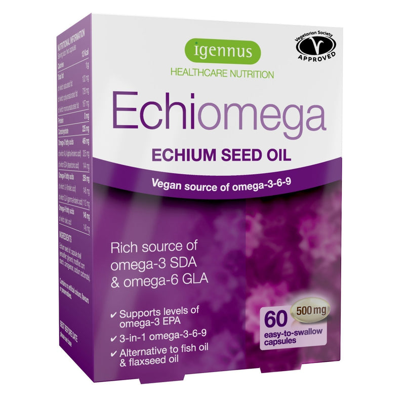 Echiomega Vegan Omega 3-6-9, Plant Based Echium Seed Oil, Ideal 2:1 ratio Omega-3 to Omega-6 GLA, Women’s Health, 60 Small Softgels, by Igennus - BeesActive Australia