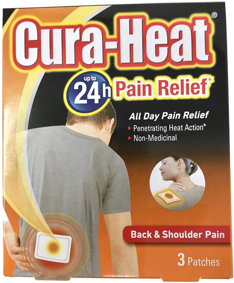 Cura-heat Back & Shoulder Pain Relief -3 Patches | Targeted Pain Relief | Relief Up To 24Hr | Penetrating Heat Action, blue - BeesActive Australia