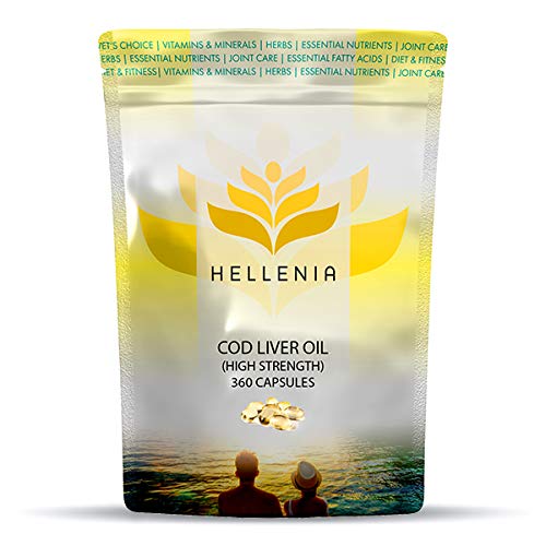 Hellenia Cod Liver Oil Capsules High Strength 1000mg | 360 Fish Oil Capsules - One Year Supply | Rich Source of Omega 3 Essential Fatty Acids - BeesActive Australia