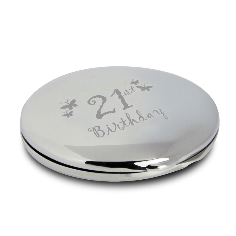 Silver Finish Engraved 21st Birthday Round Compact Mirror with Butterflies Great Idea for Birthday Gift Friends Presents Gifts - BeesActive Australia