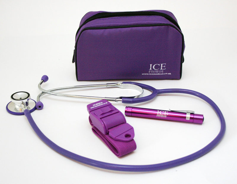 ICE Medical Purple LED Medical Pen Light/Pen Torch Stethoscope and Tourniquet in a Purple Bag - BeesActive Australia