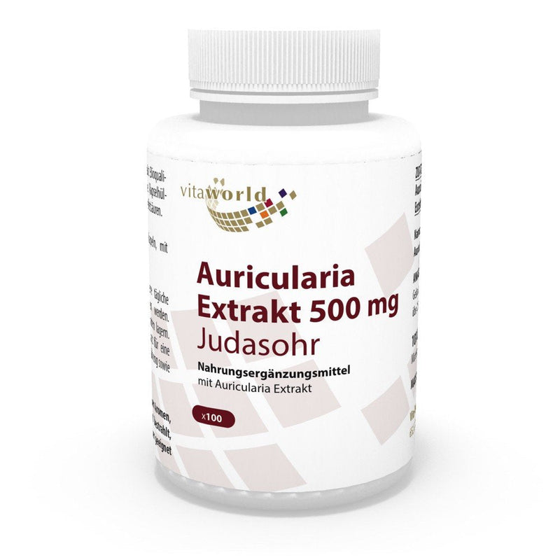 Vita World Auricularia Extract 500mg 25,6% Polysaccharides 100 Vegetarian Capsules Mushrooms with Analysis Certificate Made in Germany - BeesActive Australia