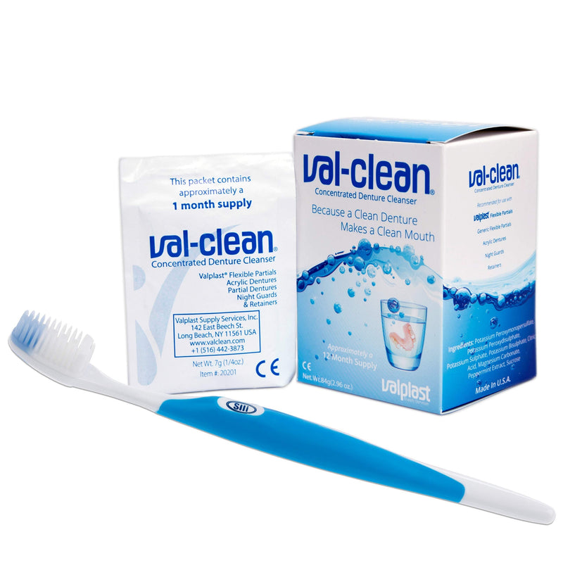 Val-Clean Sachets & Silicone Brush - 12 Sachets 1 Years Supply Valplast Flexible Denture Cleaner (Blue Brush) Blue Brush - BeesActive Australia