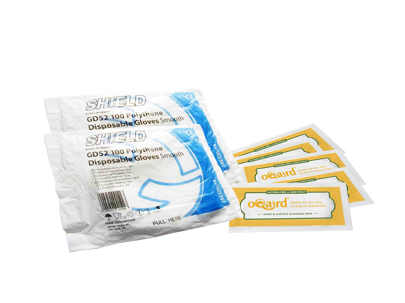 Shield Polythene Disposable Gloves and Oqard Cleansing Wipes (10 pack of gloves, Medium) - BeesActive Australia