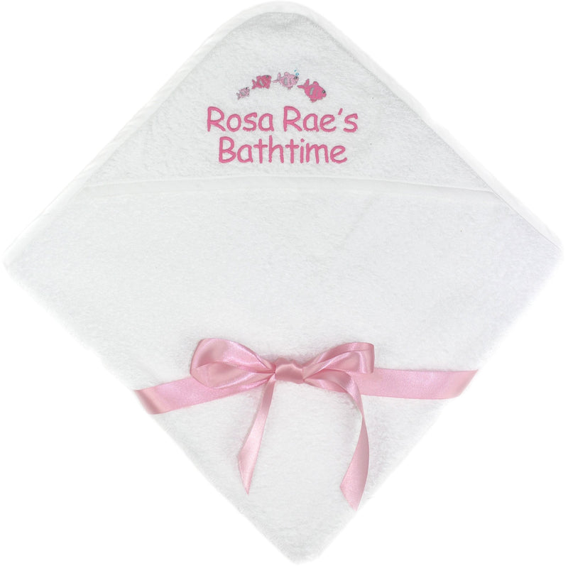 Baby Boys & Girls Personalised Fishes Super Soft Hooded Bath Time Towel (Pink Embroidery) Pink Embroidery - BeesActive Australia