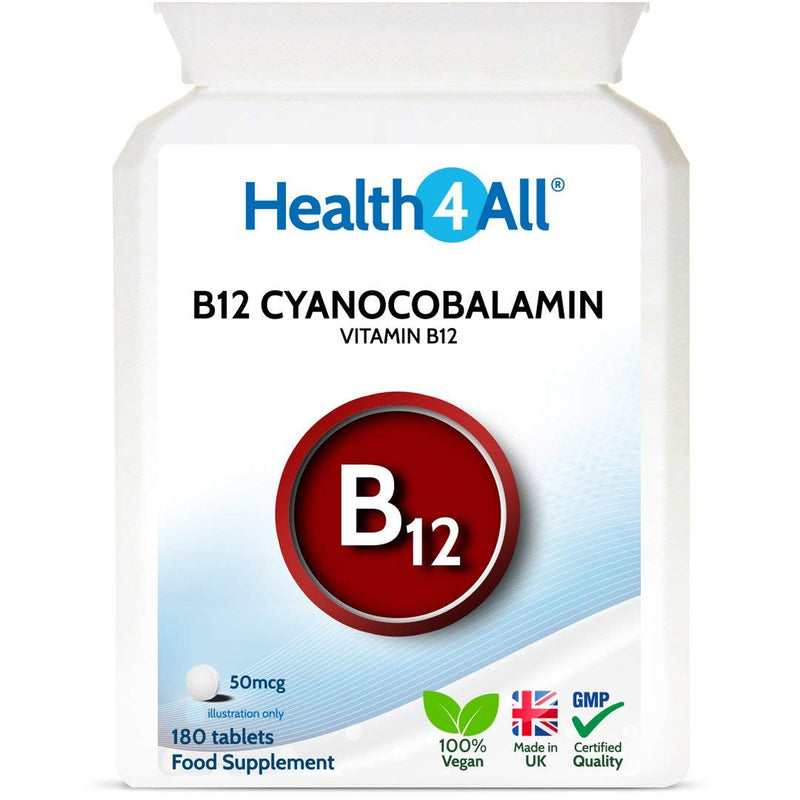 Vitamin B12 Cyanocobalamin 50mcg 180 Tablets (V) . Tablets ( not Capsules ) Vegan. Made in The UK by Health4All. 180 Count (Pack of 1) - BeesActive Australia