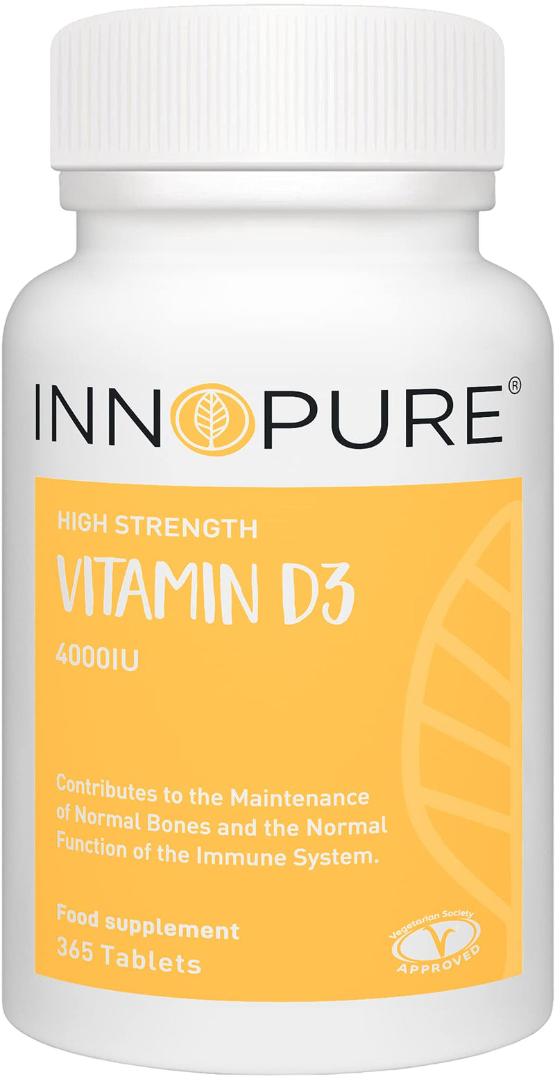 Innopure Vitamin D 4000 IU - High Strength D3 Supplement - 365 Tablets, 1 Year Supply - Vegetarian Society Approved - Made in the UK - BeesActive Australia