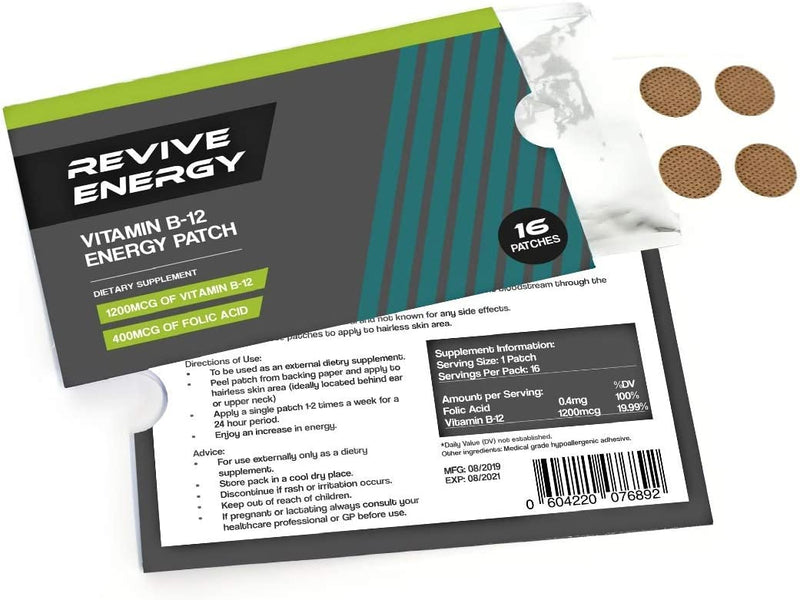 Vitamin B12 Patch - Best Value 16 Patches - up to 4 Month Supply - 1200 mcg Methylcobalamin & 400 mcg Folic Acid - BeesActive Australia