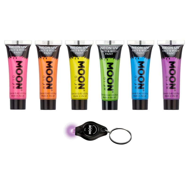Moon Glow - Intense Neon UV Face & Body Paint - 12ml Set of 6 - includes UV Keyring - BeesActive Australia