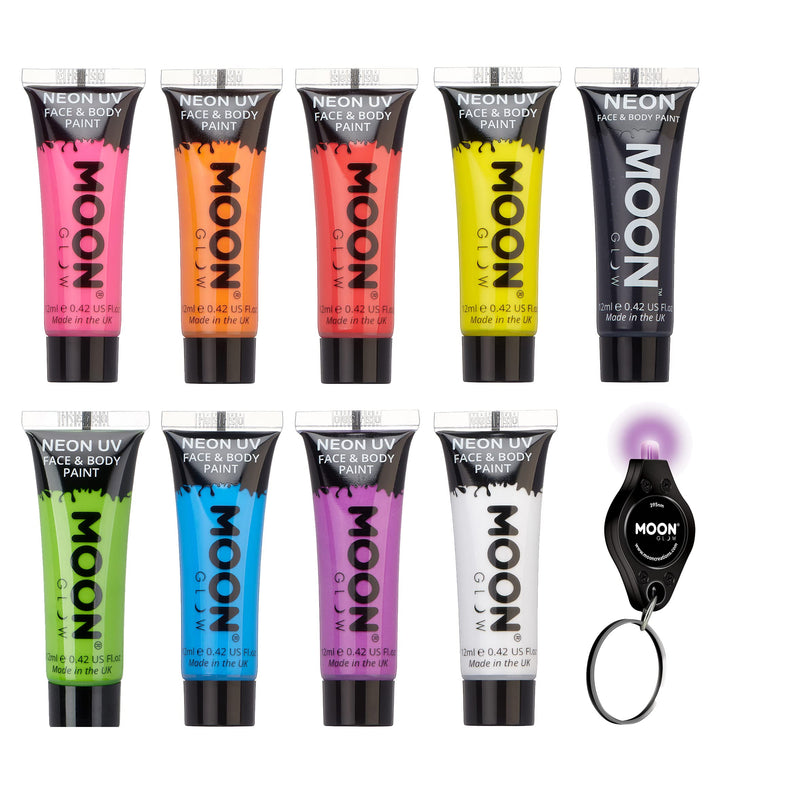 Moon Glow - Intense Neon UV Face & Body Paint - 12ml Set of 9 - includes UV Keyring - BeesActive Australia