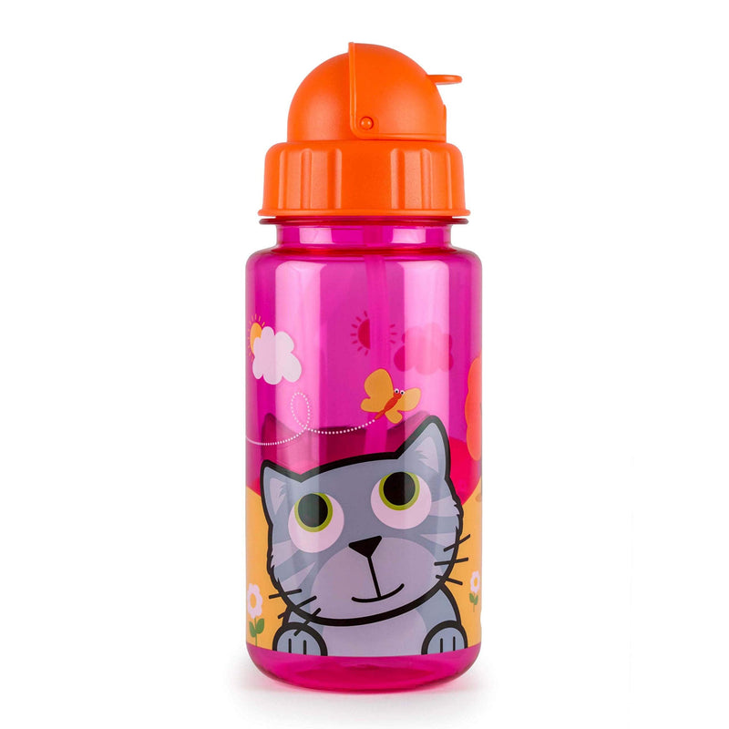 TUM TUM Flip Top Kids Water Bottle with Straw, Tritan Kids Drinks Bottle, 400ml, BPA Free (Cat) Bluebell - BeesActive Australia