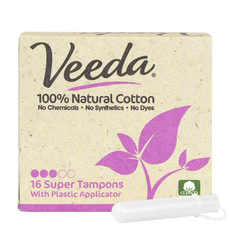 Veeda 100% Natural Cotton Compact BPA-Free Applicator Tampons Chlorine, Toxin and Pesticide Free, Super, 16 Count - BeesActive Australia