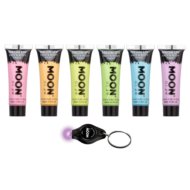 Moon Glow - Pastel Neon UV Face & Body Paint - 12ml Set of 6 - includes UV Keyring - BeesActive Australia