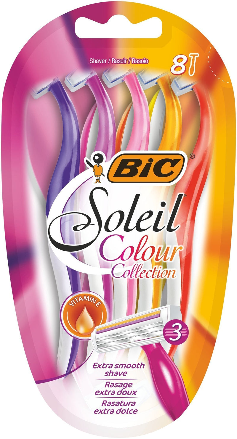 BIC Miss Soleil Colour Collection 3-Blade Razors for Women with Easy Grip Handle and Lubricating Strips, Pack of 8 - BeesActive Australia
