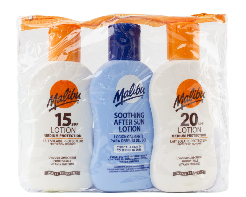 Malibu Sun Travel Essentials with Medium Suncream Protection and Soothing Aftersun Lotion, Water Resistant, SPF 15 and 20, Multipack, 3 x 100ml - BeesActive Australia