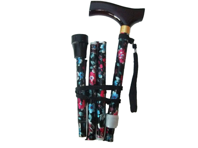 Amazing Health Flower Folding Walking Stick Height Adjustable with Wood handle, wrist strap and Extra Free rubber ferrule blk/pink - BeesActive Australia