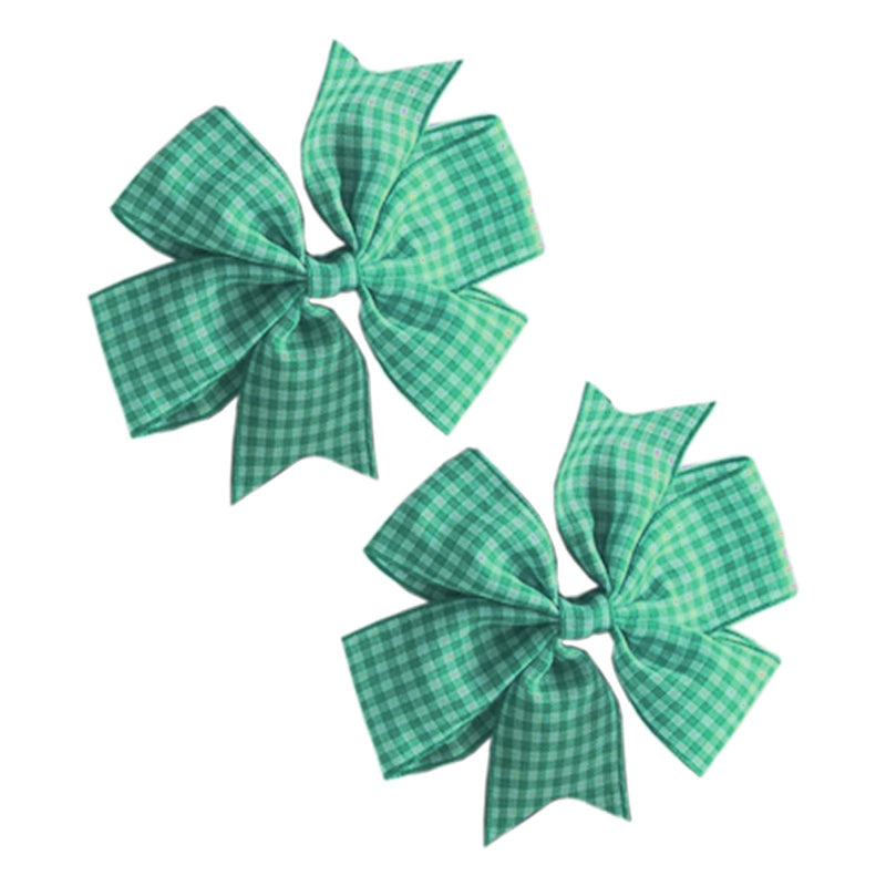 2 x 'Flat Fan' Bow Hair Clips | Hair Slides | School Hair | School Gingham Colours Green & White - BeesActive Australia