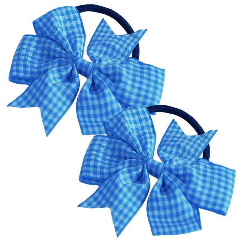 2 x 'Flat Fan' Bow Hair Bobbles | Hair Elastic | School Hair | Gingham Ribbon Blue & White - BeesActive Australia