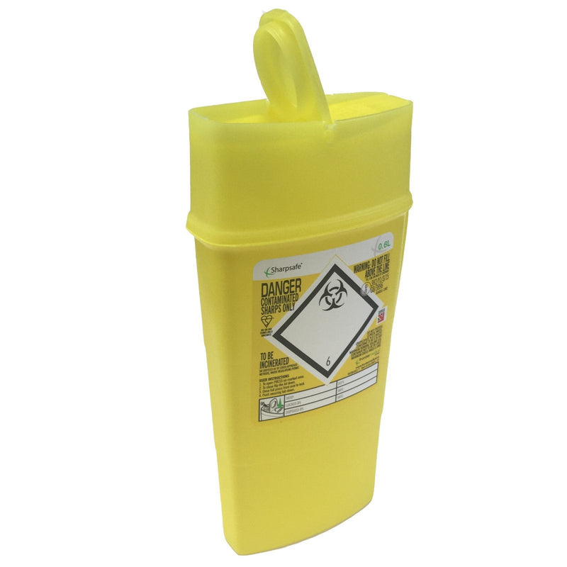 Sharpsafe 0.6L YELLOW BIO HAZARD BLADE SYRINGE NEEDLE CLINICAL LABELLED WASTE SHARPS BOX BINS - BeesActive Australia
