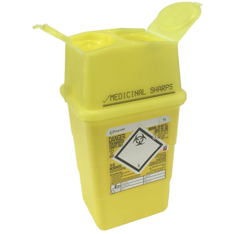 Sharpsafe 1L YELLOW BIO HAZARD BLADE SYRINGE NEEDLE CLINICAL LABELLED WASTE SHARPS BOX BINS - BeesActive Australia