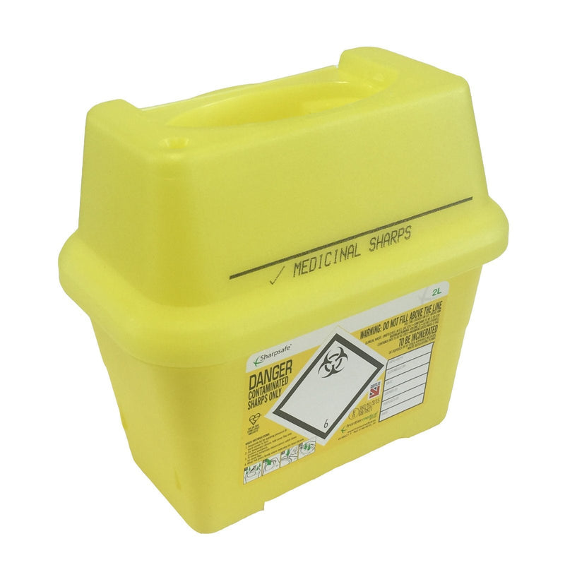 Sharpsafe 2L YELLOW BIO HAZARD BLADE SYRINGE NEEDLE CLINICAL LABELLED WASTE SHARPS BOX BINS - BeesActive Australia