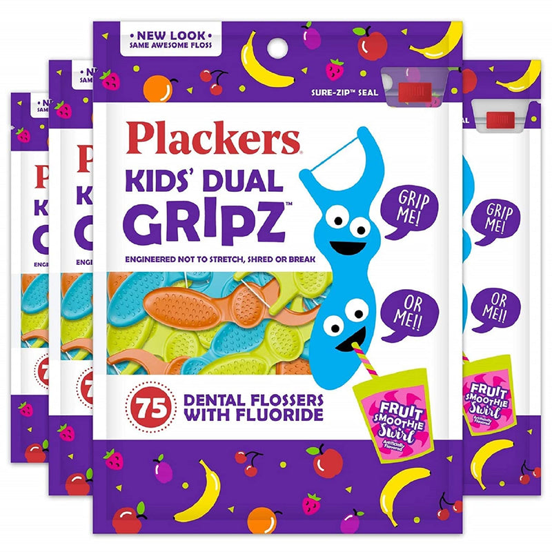 Plackers Kids Dental Floss Picks 75, Multicolor, Fruit Smoothie Swirl, Original Version, 300 Count (Pack of 4) Plackers Kids Pack of 4 - BeesActive Australia