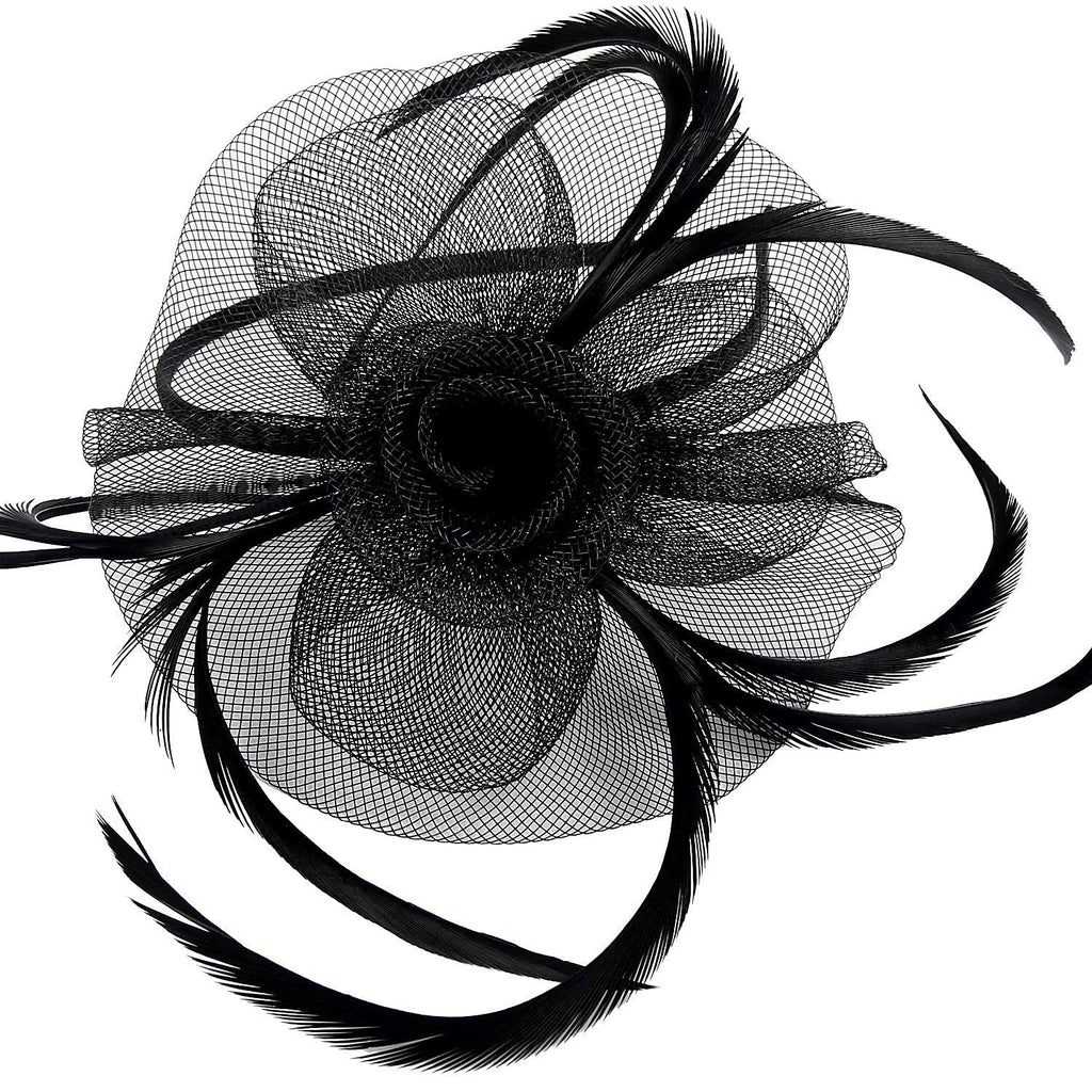 Discoball Fascinators Hat Elegant Flower Feather Derby Headband Clip Wedding Headwear for Girls and Women (Style 2, Style1-Black) 1 Count (Pack of 1) - BeesActive Australia