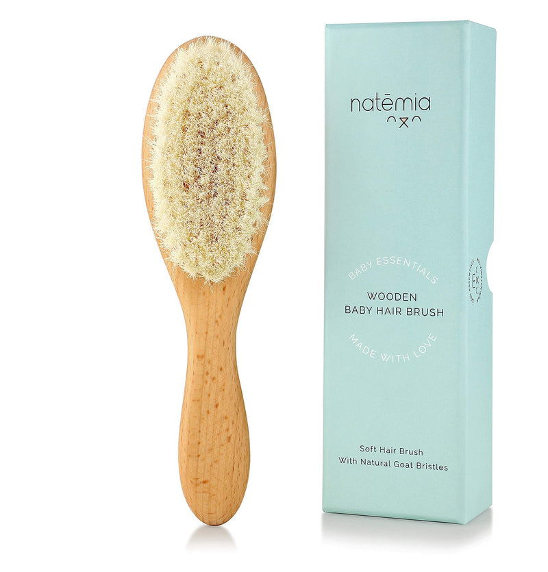 Natemia Quality Wooden Baby Hair Brush for Newborns & Toddlers | Natural Soft Goat Bristles | Ideal for Cradle Cap | Perfect Baby Registry Gift - BeesActive Australia