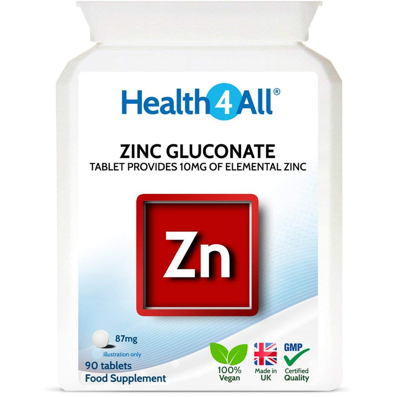 Zinc Gluconate 87mg 90 Tablets . 100% NRV. Each Tablet Provides 10mg of Elemental Zinc. Made by Health4All 90 Count (Pack of 1) - BeesActive Australia