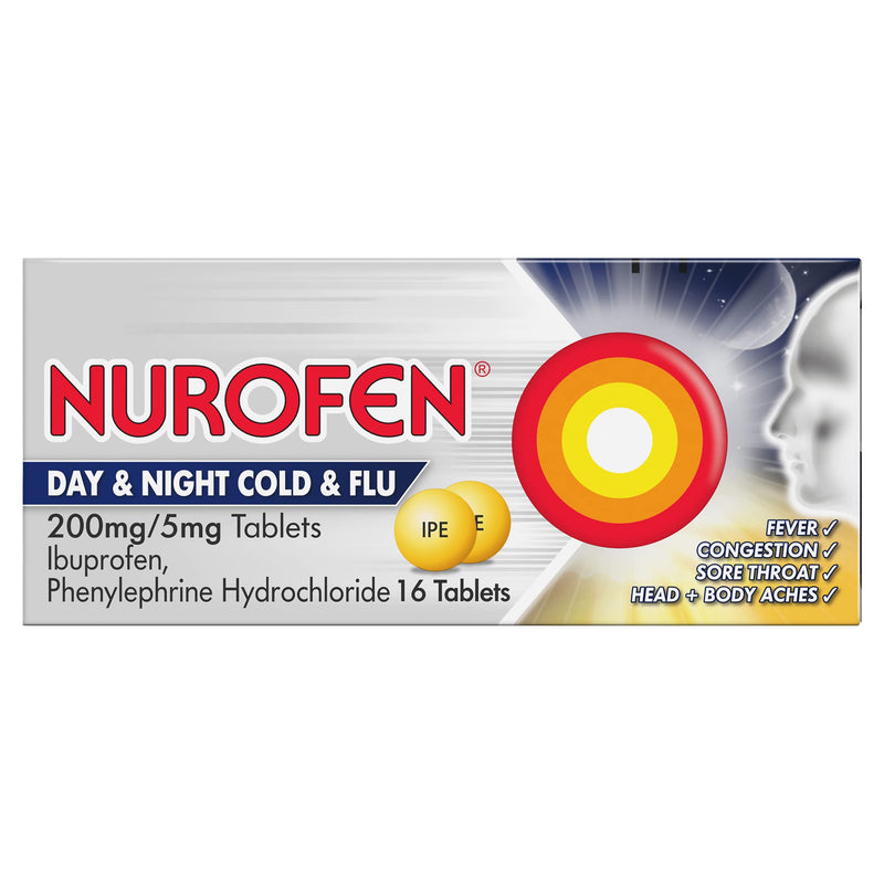 Nurofen Day and Night Cold and Flu Relief 200mg/5mg Tablets Ibuprofen, Pack Of 16 - BeesActive Australia