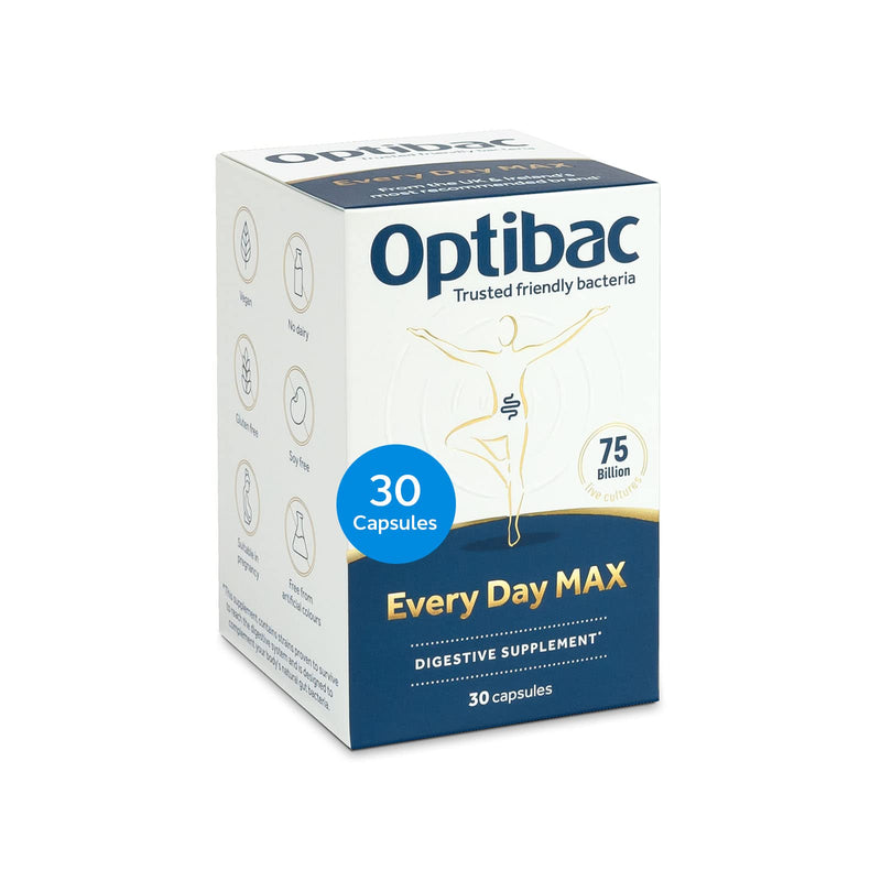 Optibac Probiotics Every Day MAX - Advanced Maximum Strength Vegan Digestive Supplement with 75 Billion Bacterial Cultures - 30 Capsules - BeesActive Australia