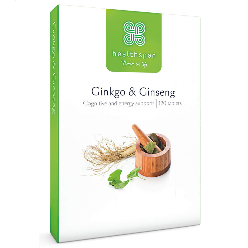 Healthspan Ginkgo & Ginseng | 120 Tablets | Ginkgo Biloba | Panax Ginseng Extracts | Iodine | Vitamin B3 | Vitamin B5 | Vegan - BeesActive Australia