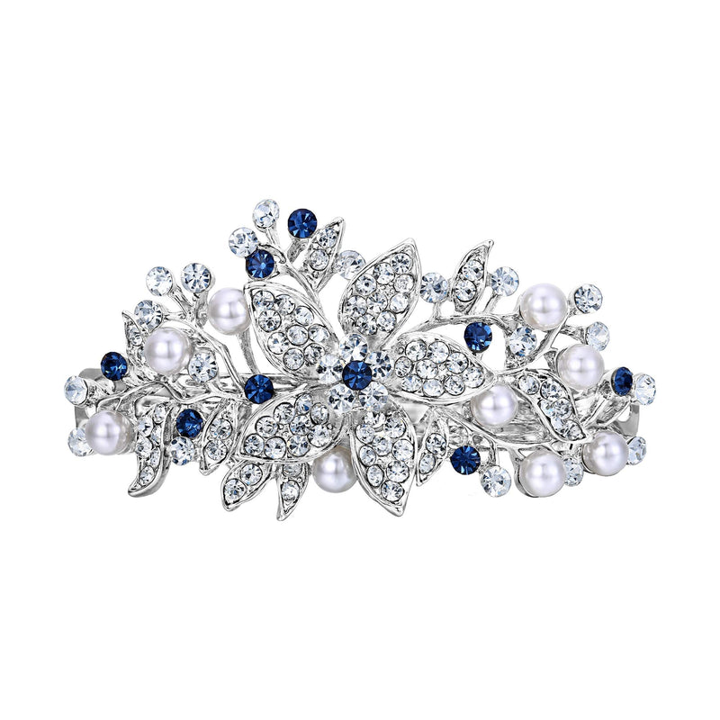 EVER FAITH Austrian Crystal Bridal Hibiscus Cream Simulated Pearl Hair Clip Barrette Silver-Tone Blue - BeesActive Australia