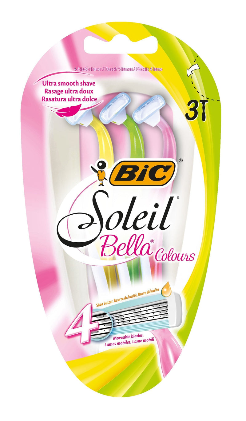 BIC Soleil Bella Colours 4-Blade Lady Razors - Pack of 3 - Spring Mounted Blades with Pivoting Head for Ultra Smooth Shave - BeesActive Australia