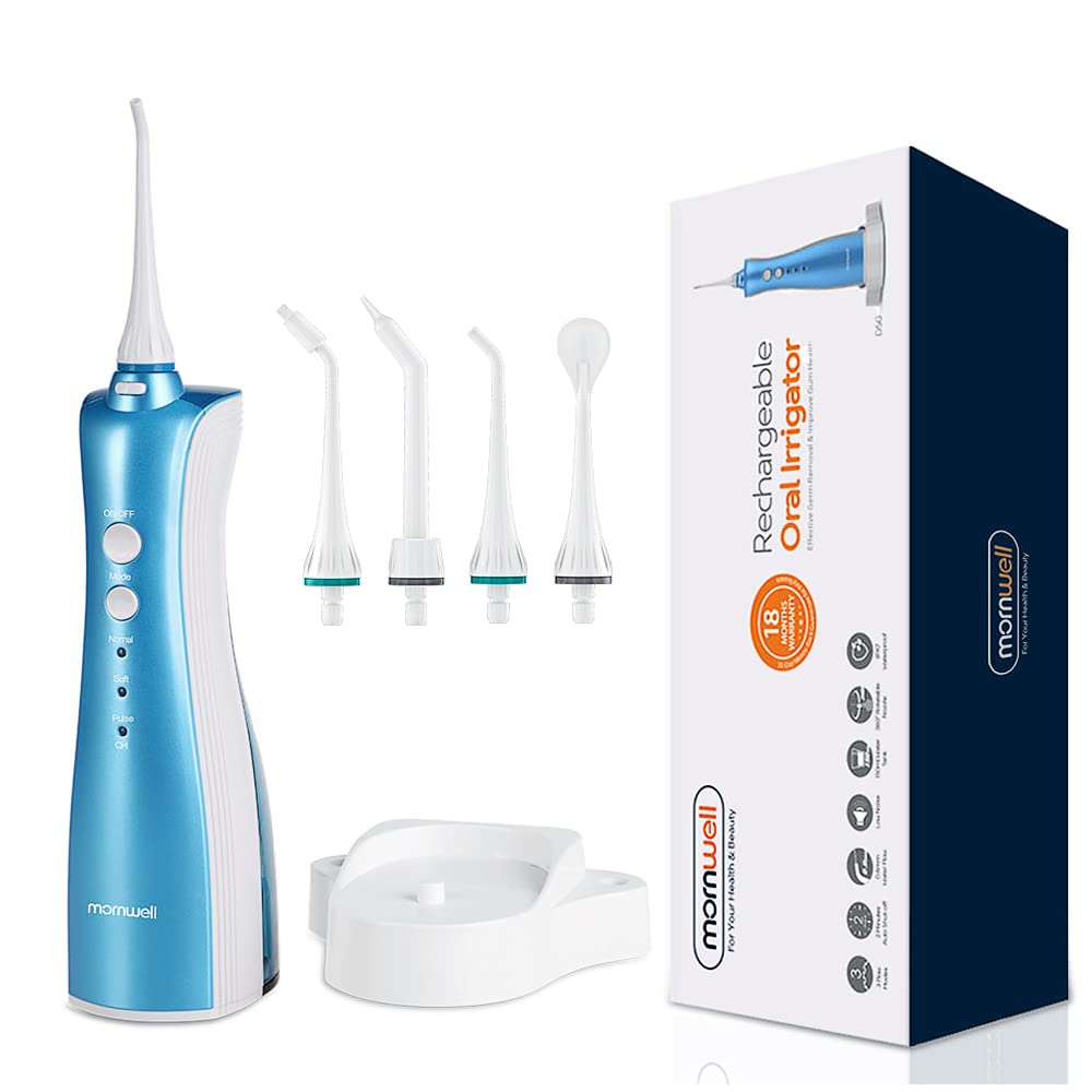Water Flosser for Teeth,Mornwell Cordless Oral Irrigator Gum Massager, IPX7 Waterproof Dental Flosser, Inductive Charger, Blue & White - BeesActive Australia