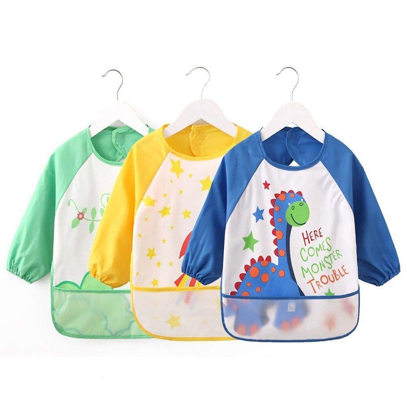 Vicloon Sleeve Bibs,Set of 3 Waterproof Long Sleeve Baby Bib for Kids Feeding Arts Craft Painting Apron Front Pocket Children 24months - BeesActive Australia