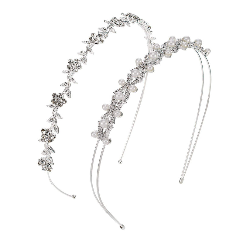 2 Pieces Wedding Party Women's Faux Pearl Rhinestones Headband Flower and Leaves Crown Hair Band for Bride Bridesmaids - BeesActive Australia