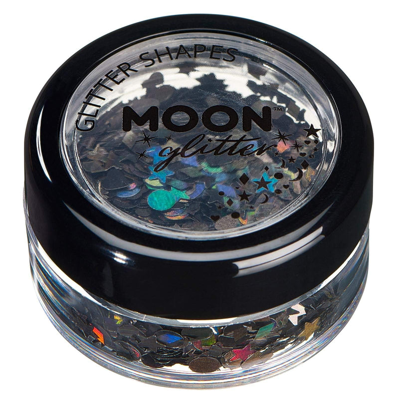 Holographic Glitter Shapes by Moon Glitter - Black - Cosmetic Festival Makeup Glitter for Face, Body, Nails, Hair, Lips - 3g - BeesActive Australia