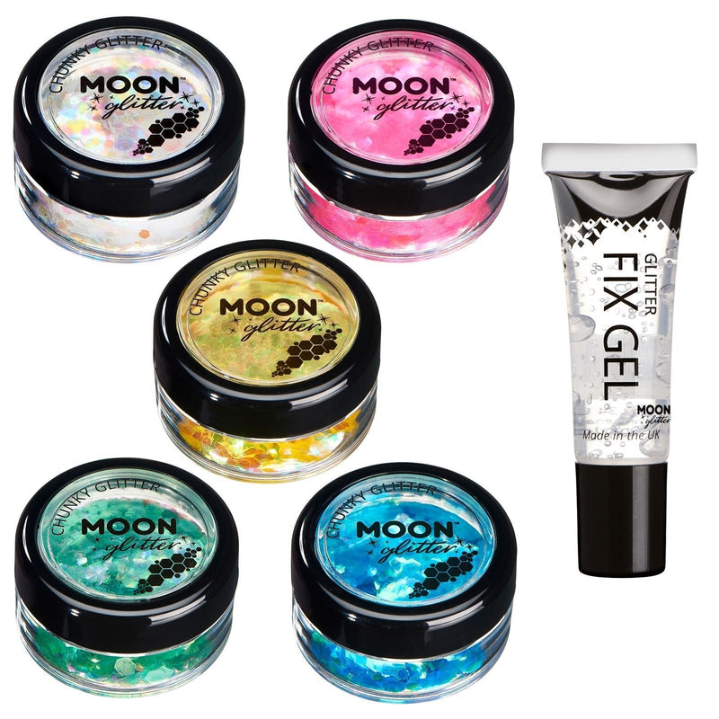 Iridescent Chunky Glitter by Moon Glitter - Set of 5 colours + Fix Gel - Cosmetic Festival Makeup Glitter for Face, Body, Nails, Hair, Lips - 3g - BeesActive Australia