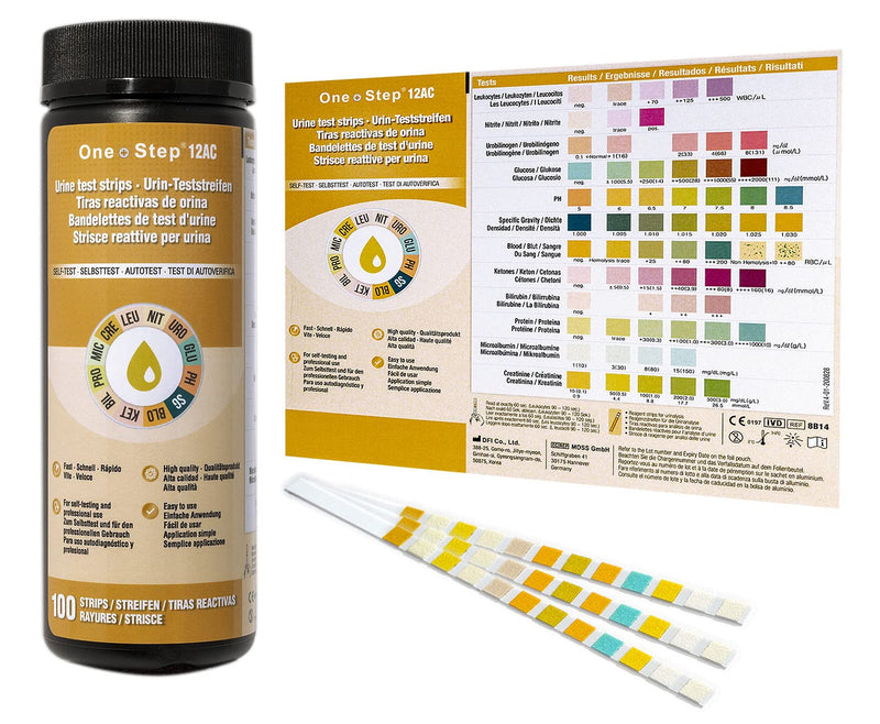 12 Parameter Urine Test Strips Creatinine, Microalbuim, UTI Infection, Ketone, Blood, Glucose Testing Sticks (100 Tests 1 Tub) - BeesActive Australia