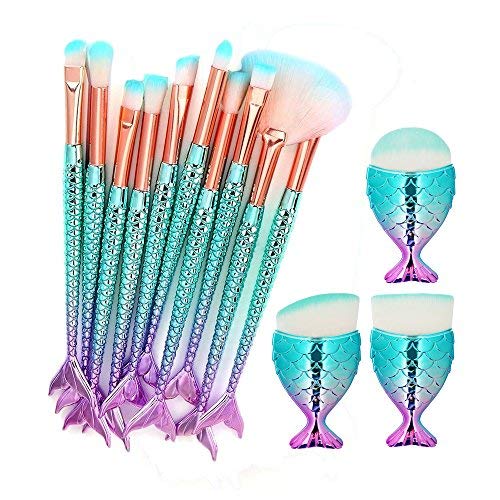 LHEI Lovely Gradual Blue Makeup Brushes Set 13pcs 3D Mermaid Makeup Brush Cosmetic Brushes Eyeshadow Eyeliner Blush Brushes - BeesActive Australia