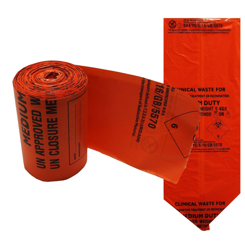 Orange Clinical Bio Hazard Medical First Aid Medium Duty Waste Bag Sacks, 1 Roll (50 Bags) - BeesActive Australia